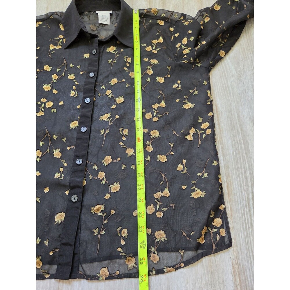 BonWorth M Petite Black Sheer Floral Embroidered Button Up Blouse Long Sleeve - Picture 7 of 8